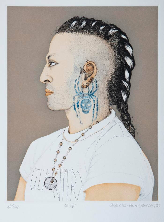 Man in profile with braided hair, spider tattoo, and various jewelry.